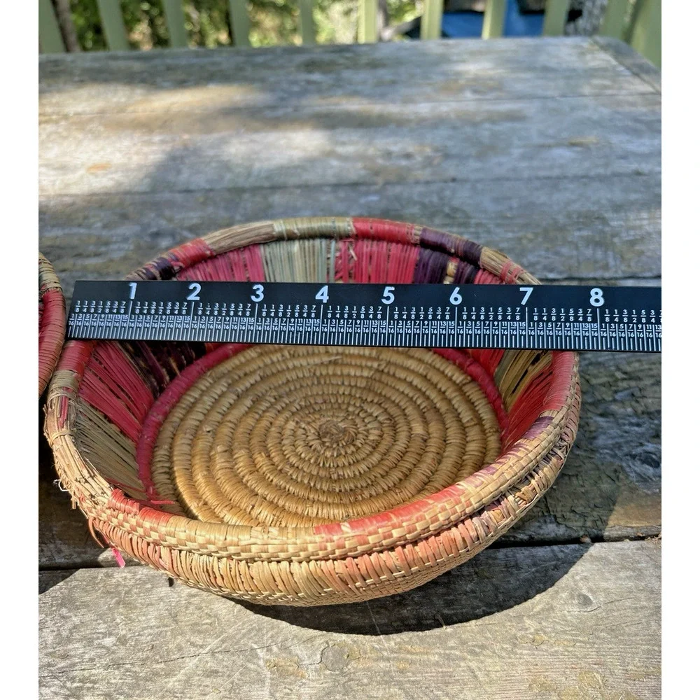 Beautiful Handmade Boho Style Vintage Handwoven Spiral Basket Colorful Old Pink